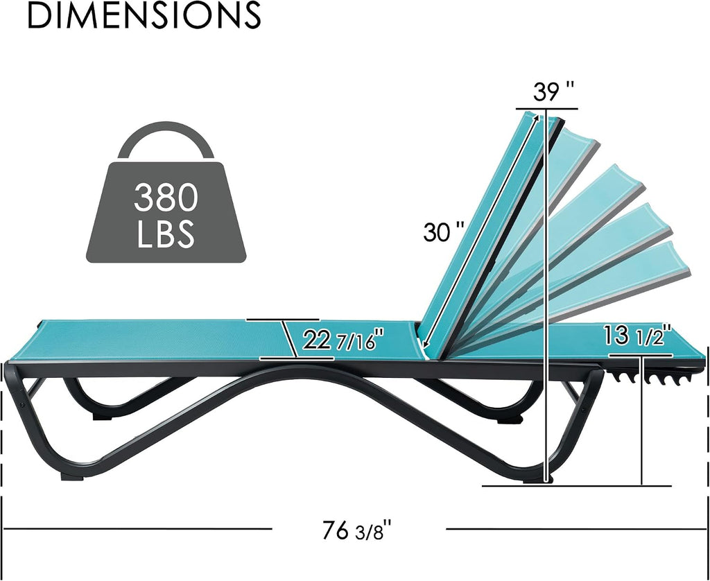 Kozyard Outdoor Chaise Lounge Chair, All Aluminum Frame, Fully Flat Adjustable Reclining Patio Lounger for Pool Sun Shelf, Tanning Ledge, Sunbathing & Backyard, Textilene (Aqua, 2Chairs)