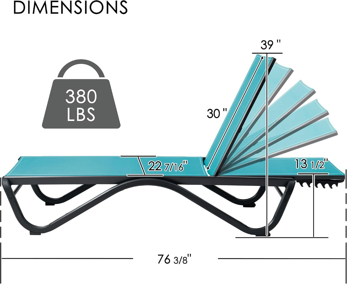 Kozyard Outdoor Chaise Lounge Chair, All Aluminum Frame, Fully Flat Adjustable Reclining Patio Lounger for Pool Sun Shelf, Tanning Ledge, Sunbathing & Backyard, Textilene (Aqua, 2Chairs)