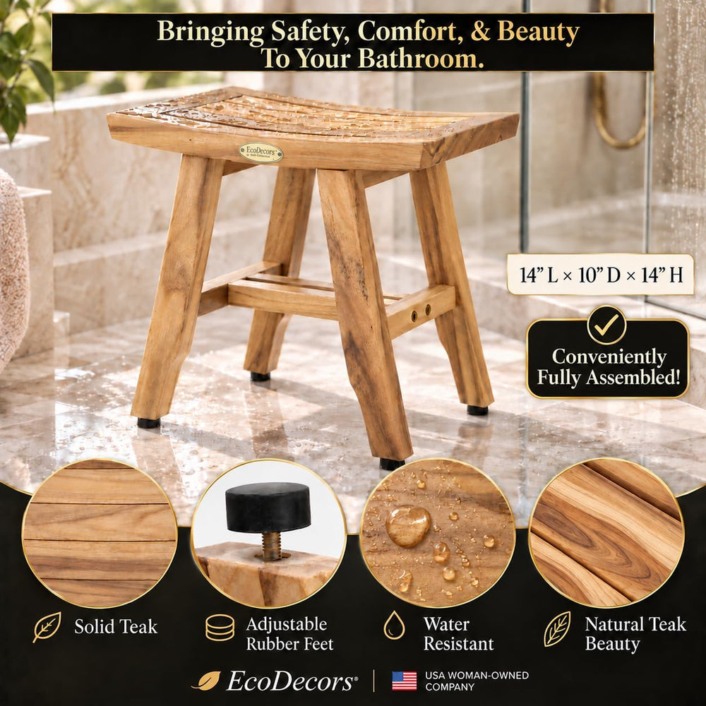 EcoDecors Satori Teak Shower Shaving Stool, 14-Inch Height x 12" Depth