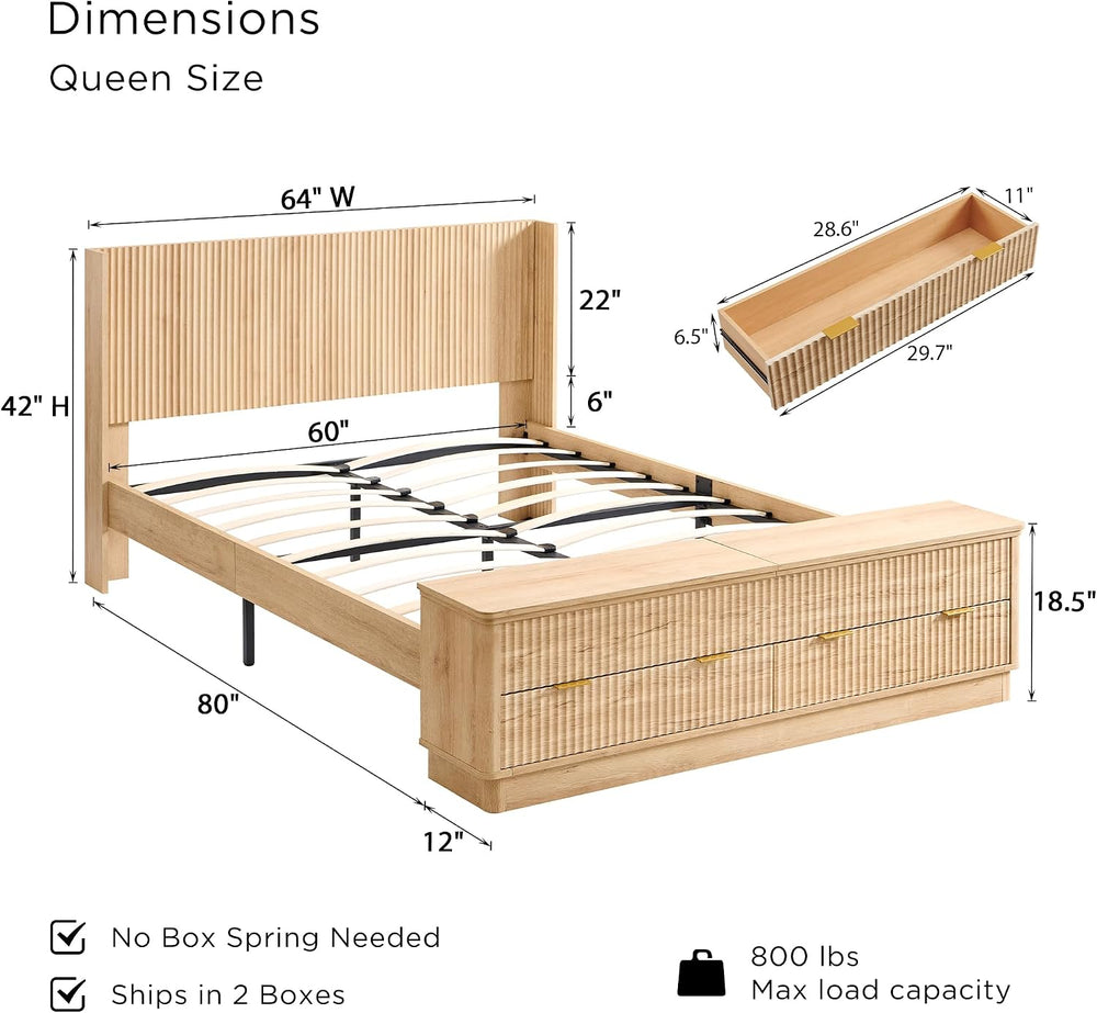 T4TREAM Fluted Queen Bed with Headboard and Storage Bench, Natural Oak