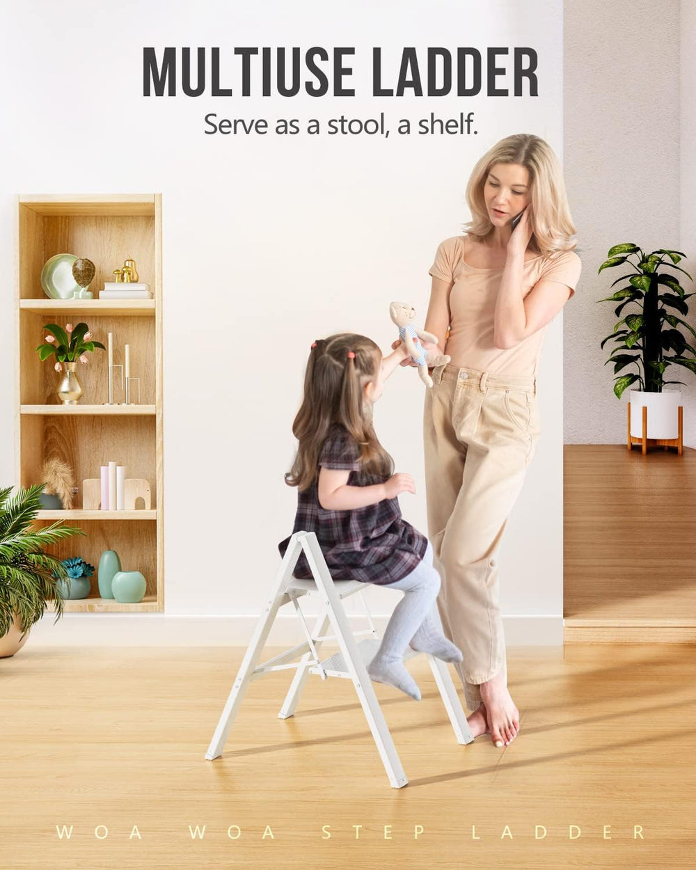WOA WOA 2 Step Ladder, Foldable Step Stool, 200lbs Load, White