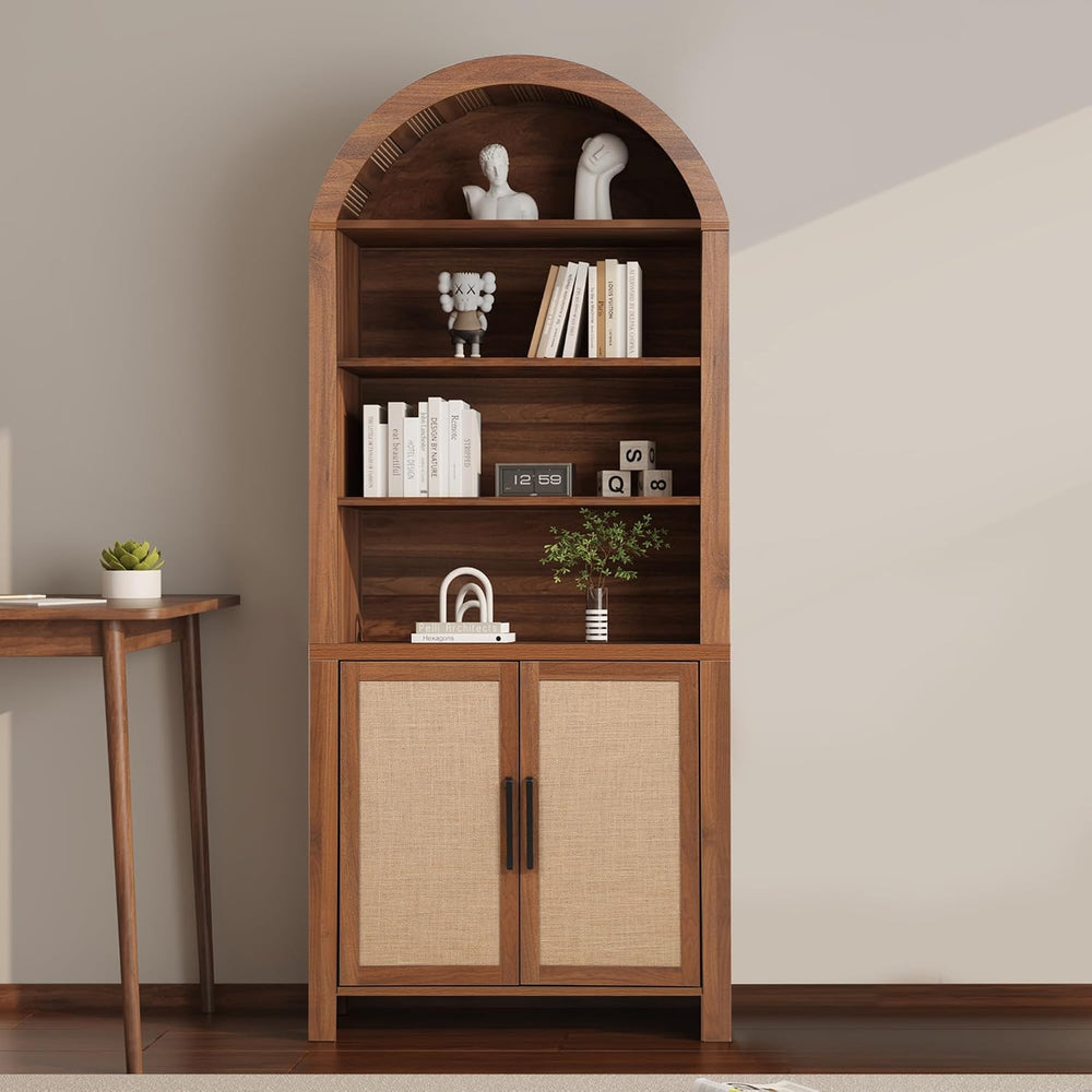 Janmer Home 71" Tall Boho Rattan Arched Bookcase with Doors,Walnut