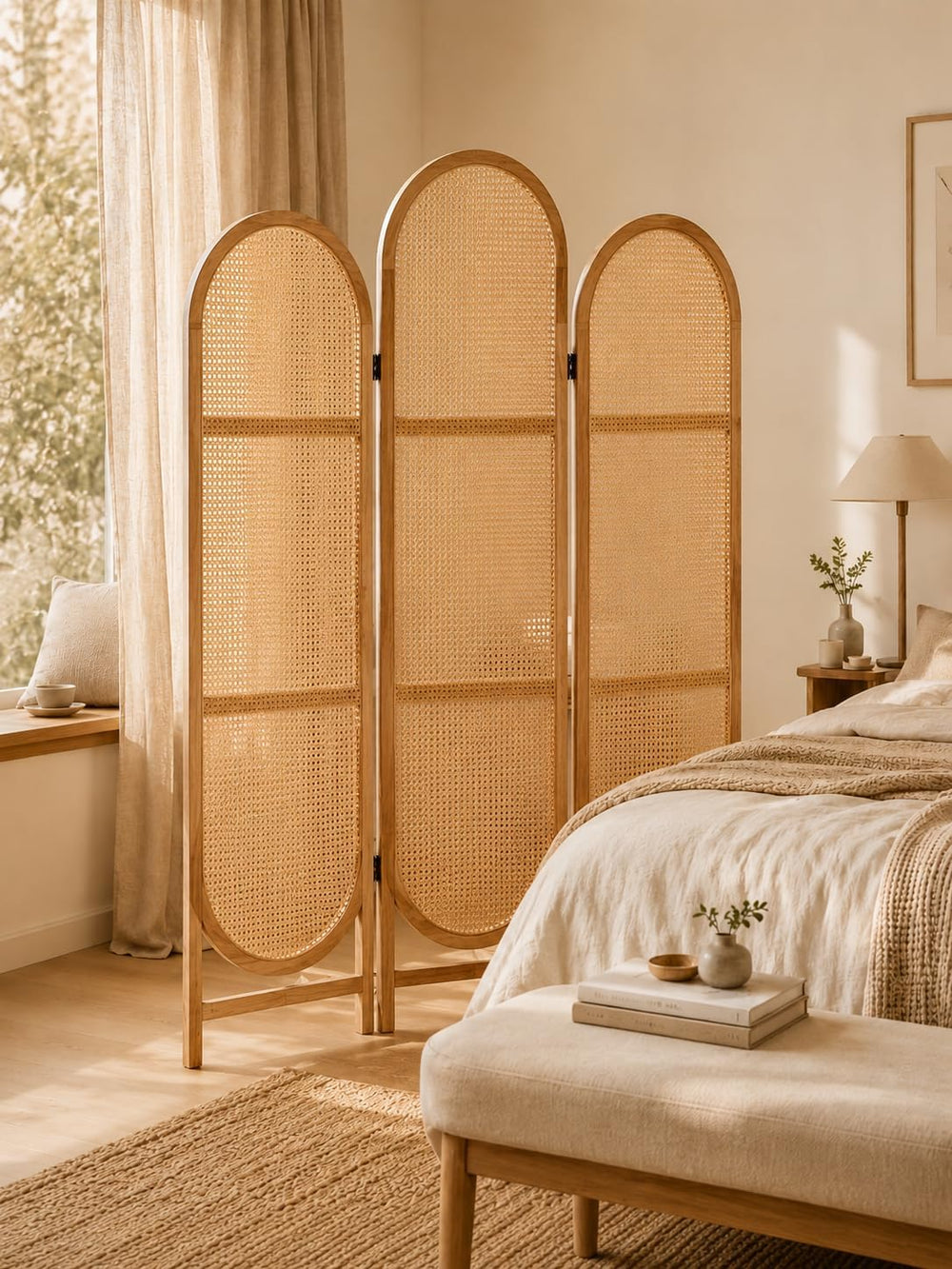 3 Panel Room Dividers and Folding Privacy Screens, Wooden Room Divider with B...