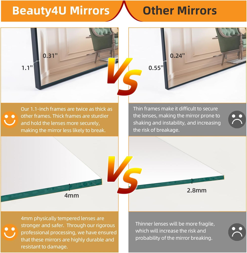 Beauty4U 59" x 16" Full Length Mirror with Stand, Black Floor Mirror
