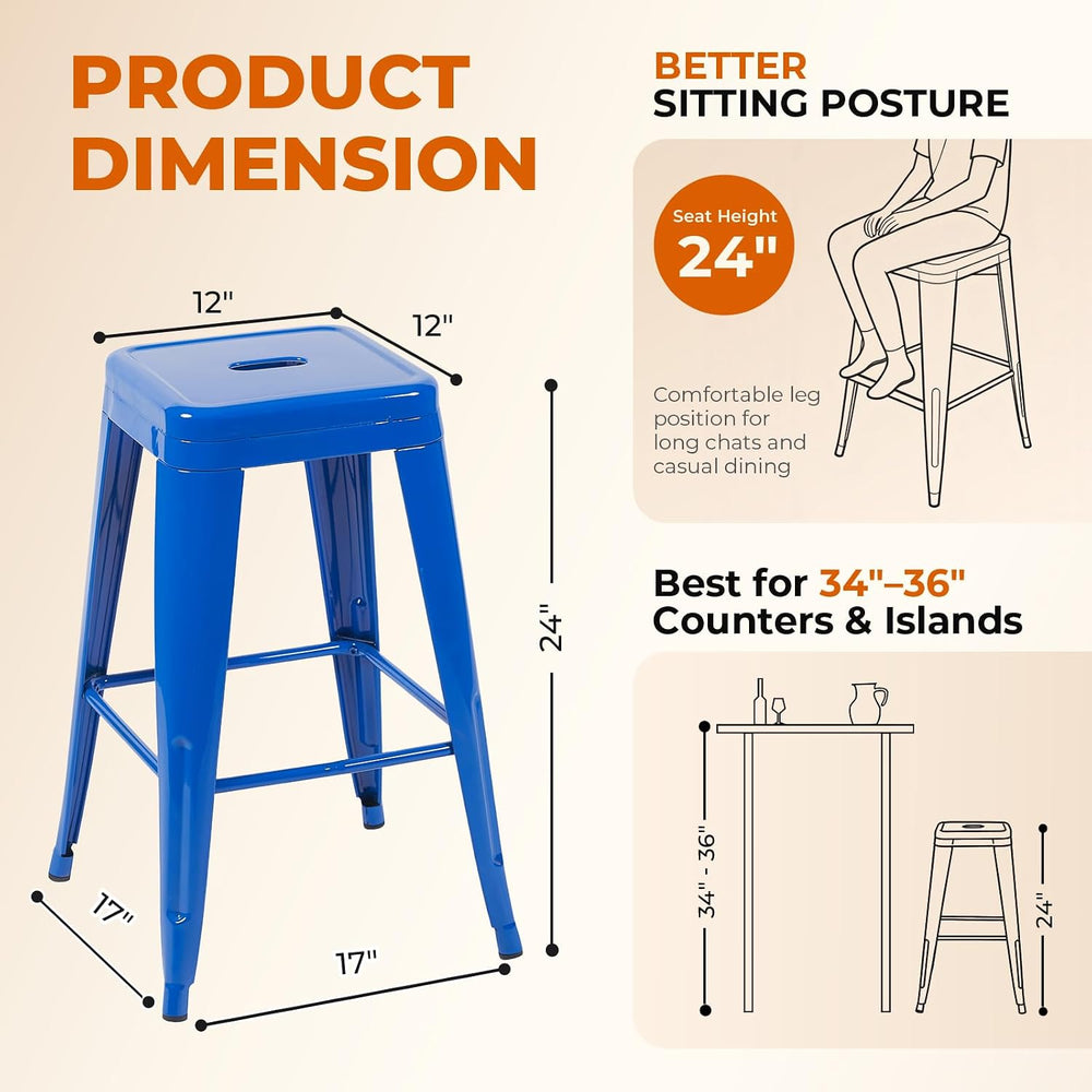 Victoria Blue Metal Bar Stools Set of 2, 24" inch