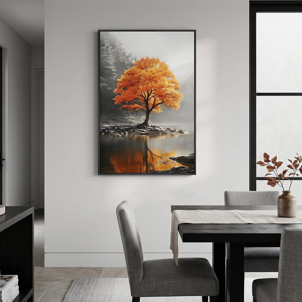Framed Orange and Grey Fall Tree Forest Lake Landscape Wall Art, 24x36 In