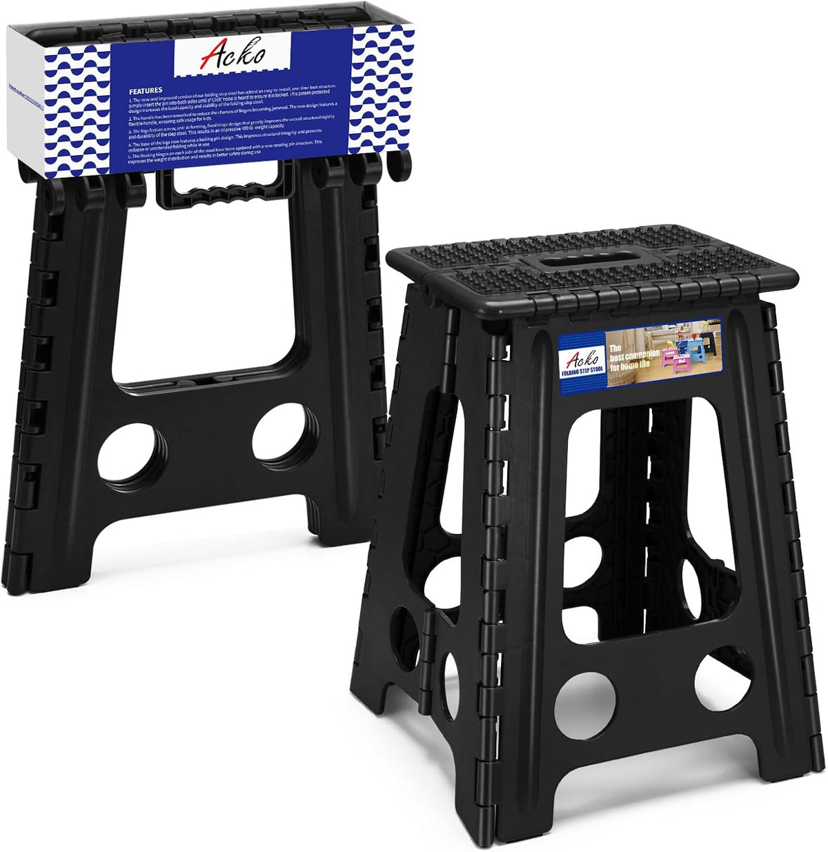 ACKO 17.5" Folding Step Stool, 400 lb Capacity with Safety Lock, Dot Black
