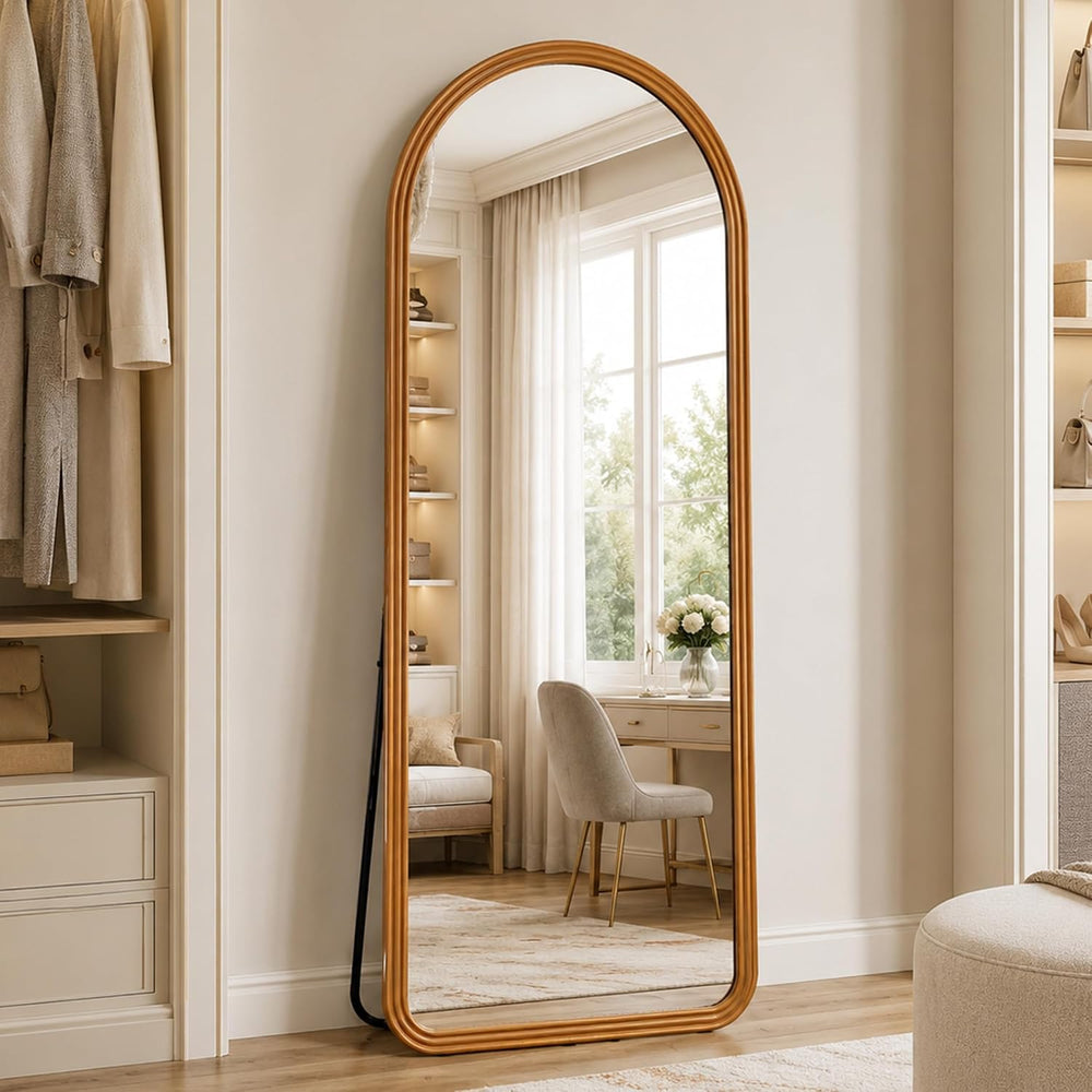 24x65 Inch Wood Arched Full Length Floor Mirror, Natural Wood