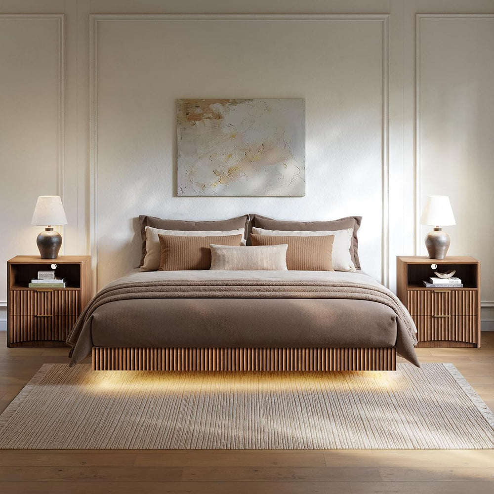 Evermagin Queen Bedroom Set, Floating Bed Frame & Charging Nightstands