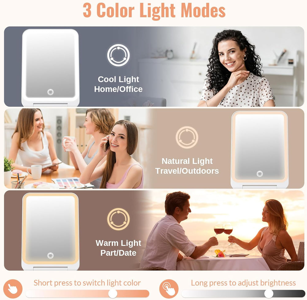 Travel Makeup Mirror with Lights, Rechargeable, 1X/3X Magnification, White