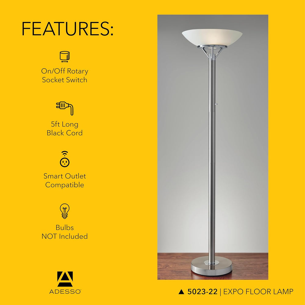 Adesso 2-Light Floor Lamp, Brushed Steel & Chrome, Dimmable, 71.5”