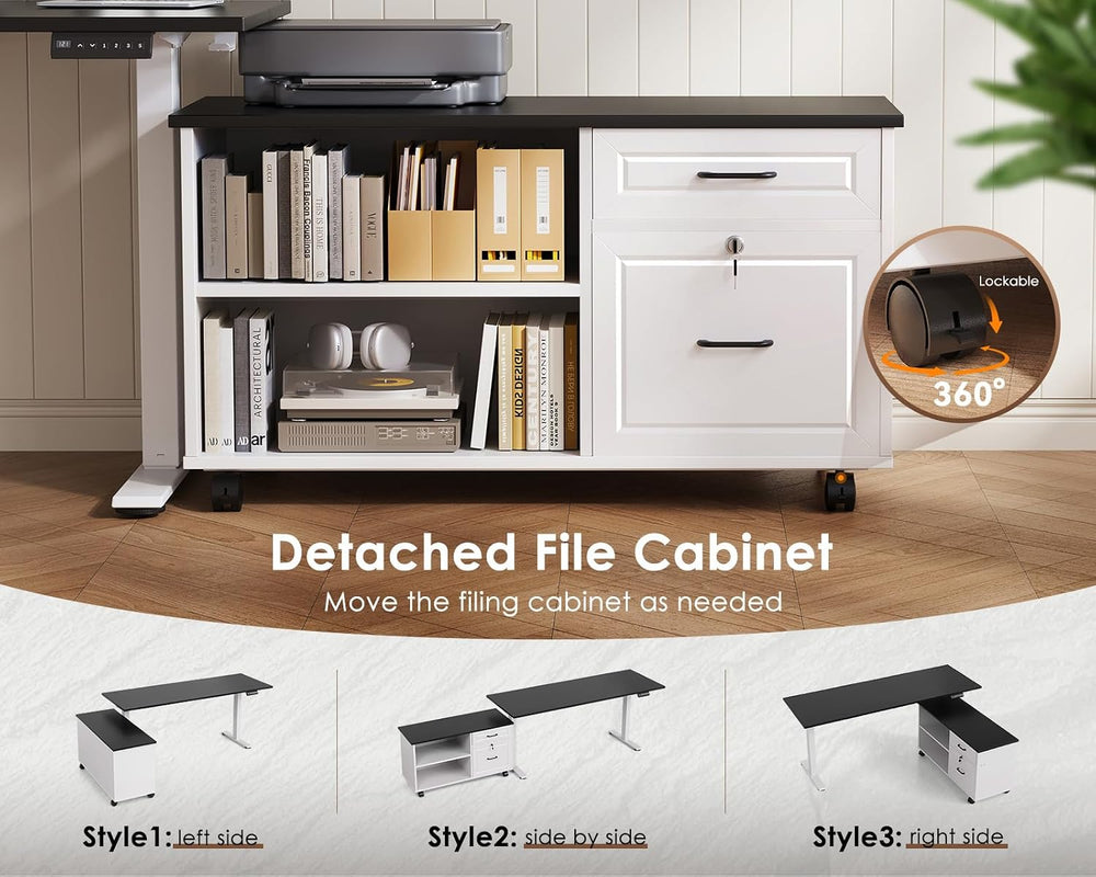 OffiGo 55" L Shaped Electric Standing Desk with Cabinet Sets, Black/White