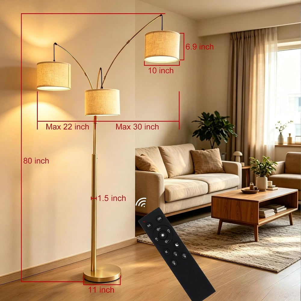 3-Light Dimmable Arc Floor Lamp, LED Tall Standing Lamp with Remote