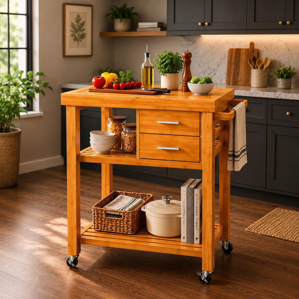 Rolling Kitchen Island Cart with Drawers Shelves, Towel Rack, Locking Casters...