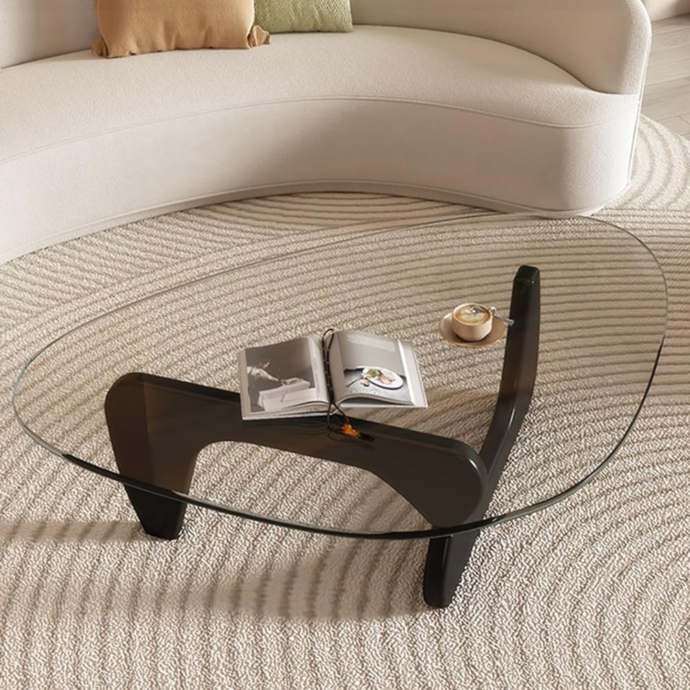 Mid-Century Modern Glass Coffee Table,Triangle Tempered Glass Top Wooden Base