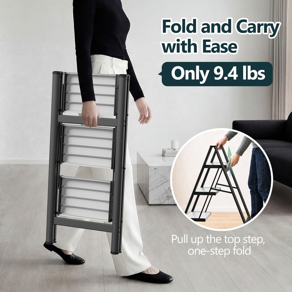 WOA WOA 3 Step Ladder, Foldable Step Stool, 300lbs Load, Black & White
