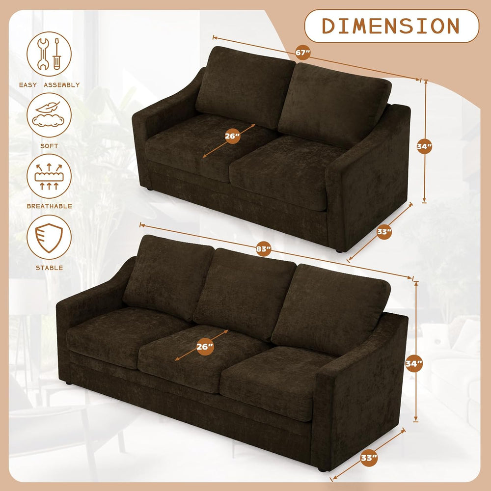2 Pieces Chenille Sofa Set w/Soft Back Cushion, Brown