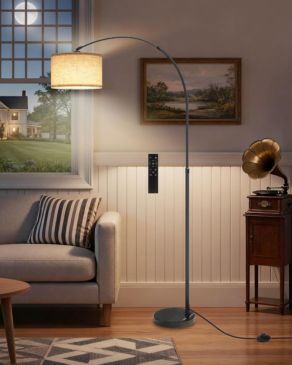 75" Tall Dimmable Arc Floor Lamp with Marble Base, Adjustable Height, Beige