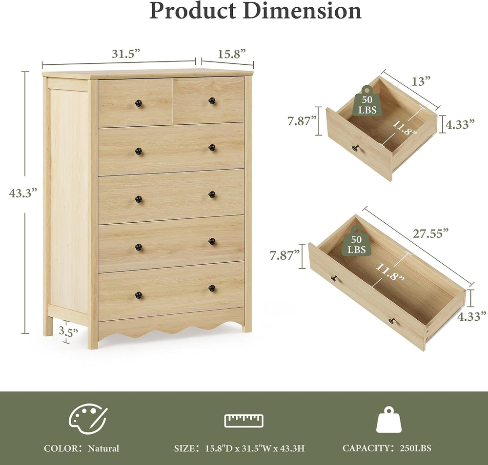44” Tall Dresser for Bedroom with 6 Drawers (Natural)