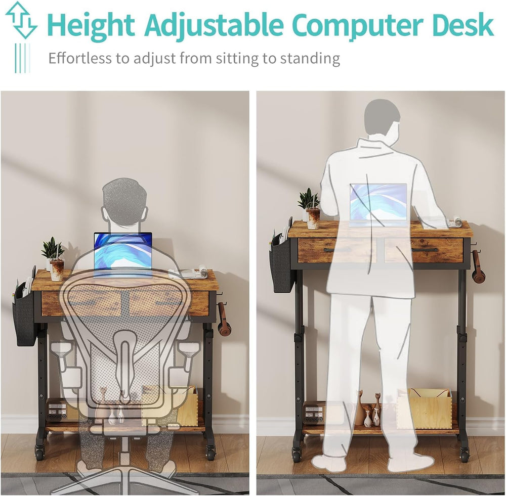 Small Portable Standing Rolling Desk - 32 Inch Adjustable Mobile Stand Up Tea...
