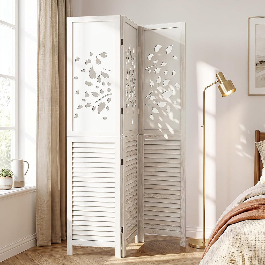 GIANTEX 3 Panel Folding Room Divider with Tree Leaf Cutout & Louvered Slats