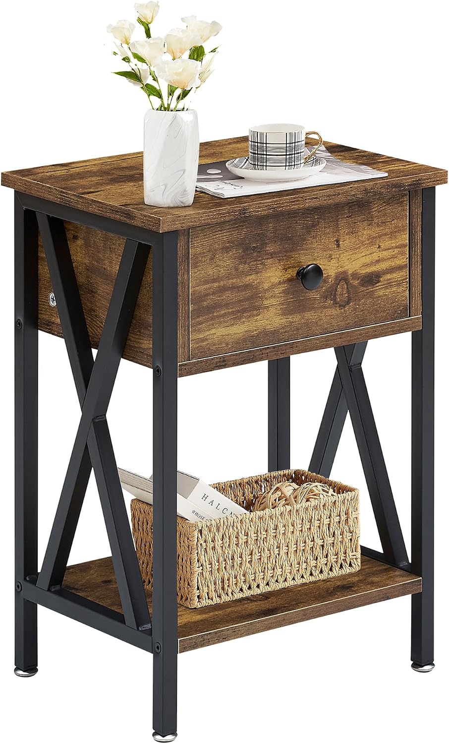 VECELO Nightstand,Modern Bedside End Table, Night Stand with Drawer and Storage Shelf for Living Room Bedroom, Industrial Metal Frame