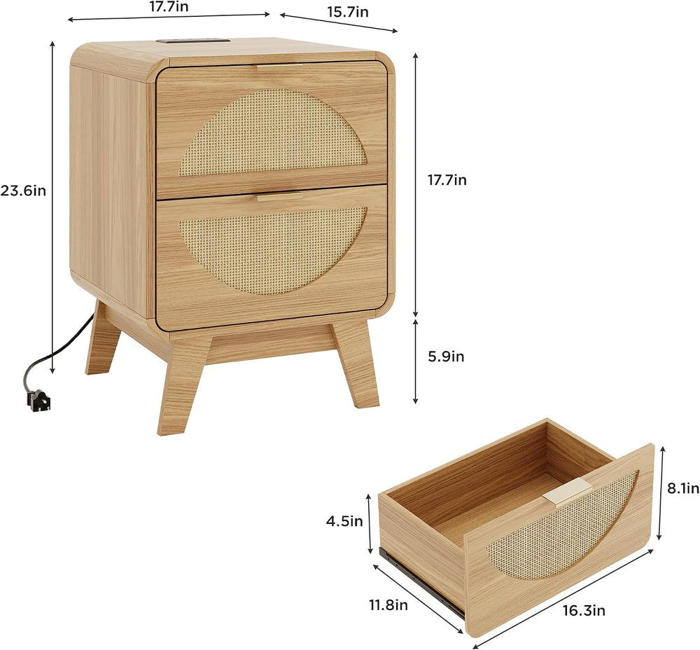 Maupvit Rattan Nightstand with Charging Station, Boho Beside Table with 2 Dra...