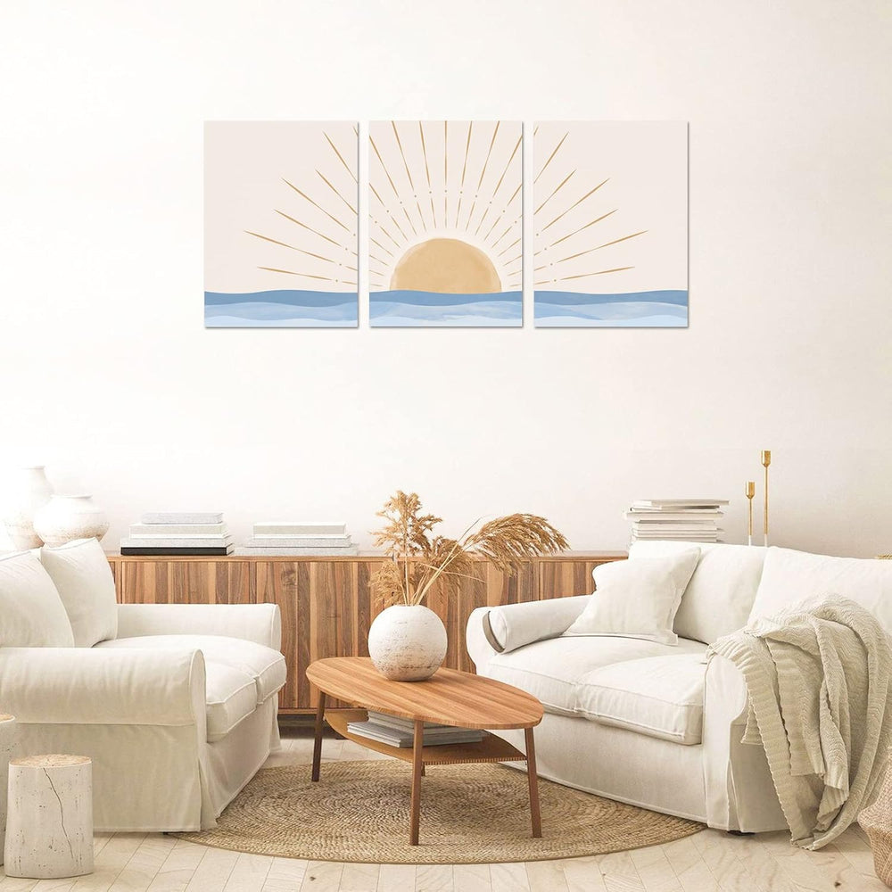 Boho Wall Art Set of 3, Neutral Geometric Sun Rising on the Sea Minimalist Ar...