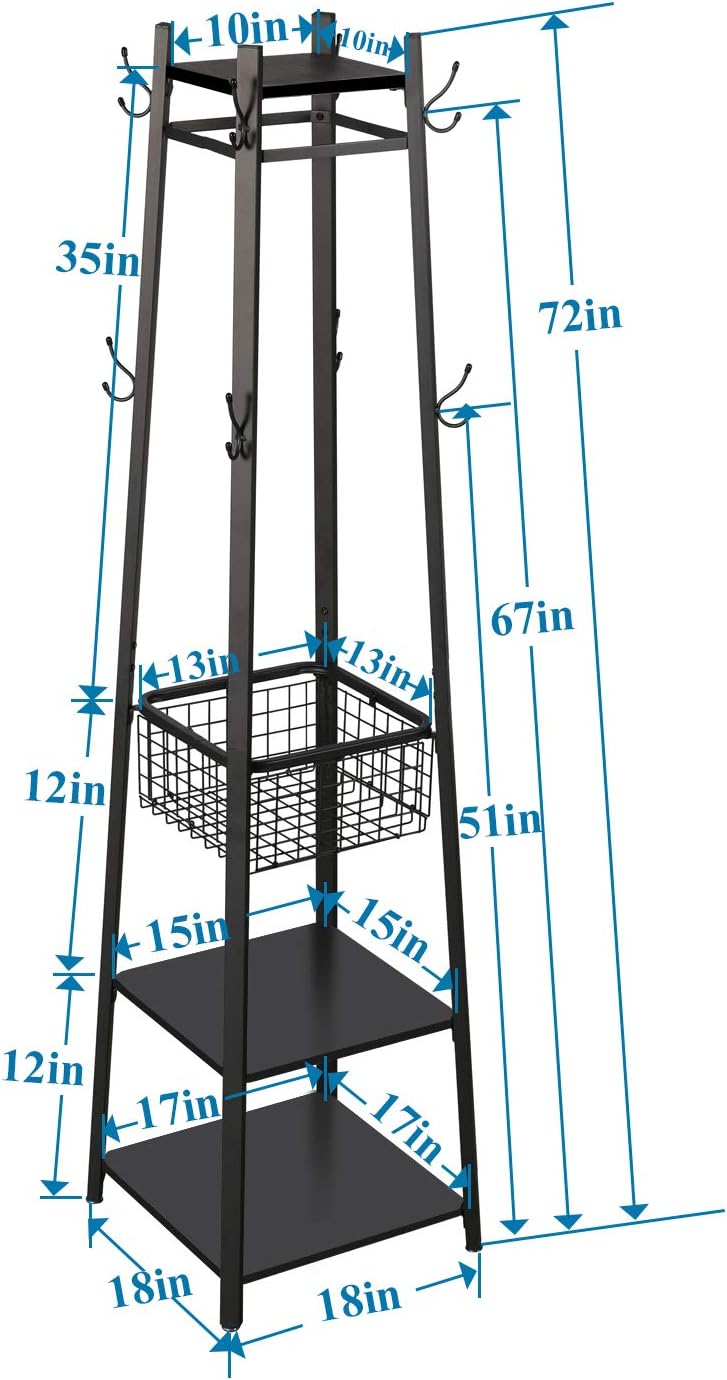 VECELO Coat Rack Freestanding,Hall Tree with Metal Basket and Storage Shelves...