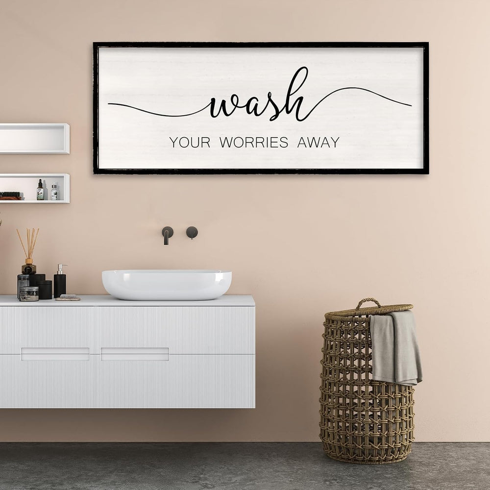 Wash Your Worries Away Bathroom Wall Decor, 40x15 Inch, Black