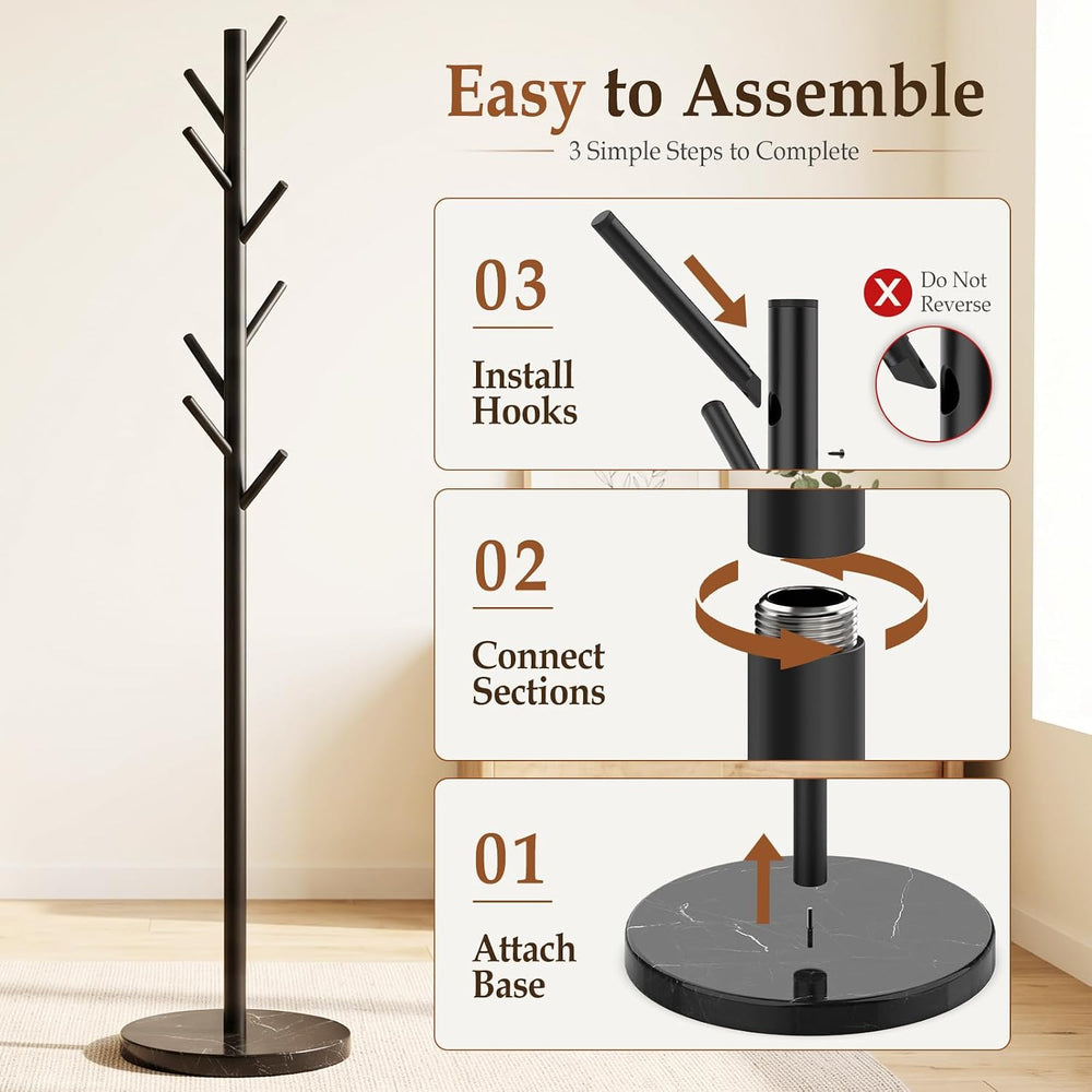HzTinT Coat Rack with Marble Base, 3 Adjustable Size Metal Coat Tree