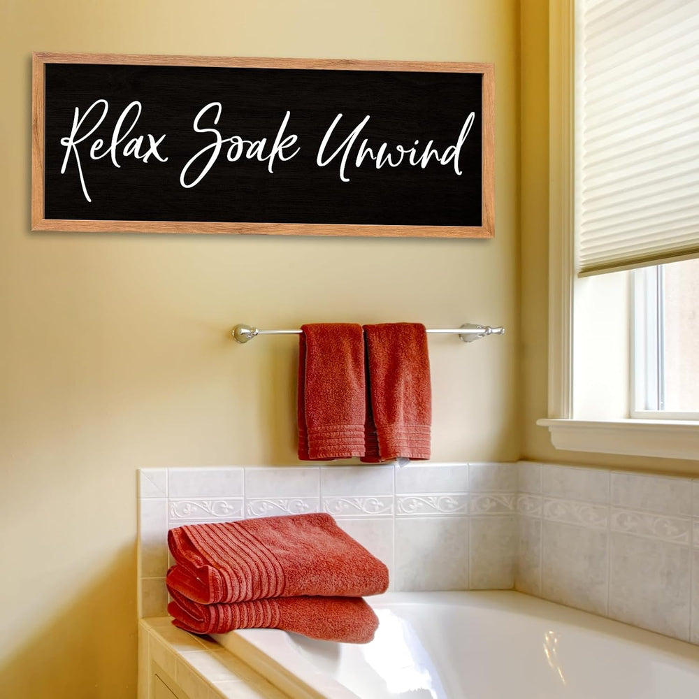 AuraPeak Relax Soak Unwind Sign Bathroom Wall Decor, Wood Black, 32"×12&...