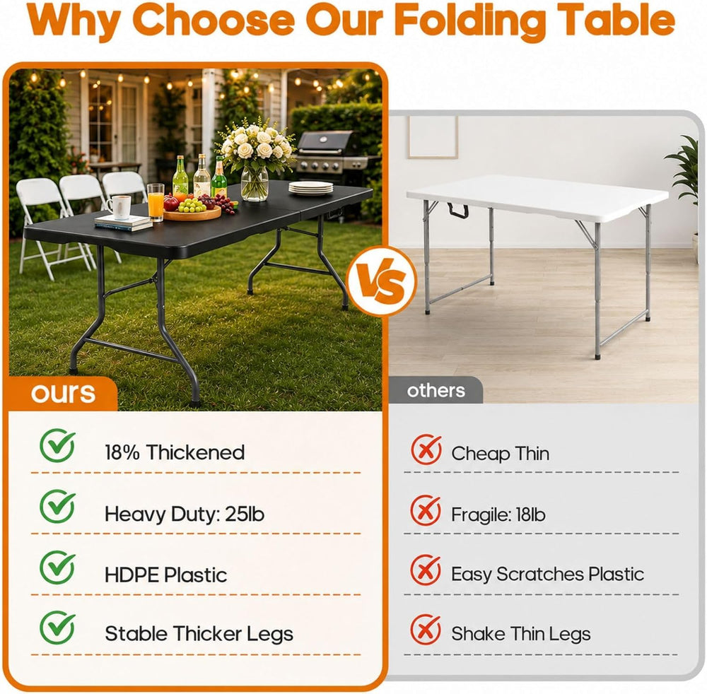 Fenbeli Folding Table 6FT, Upgraded 18% Thickened HDPE Top, 350 LBS, Black