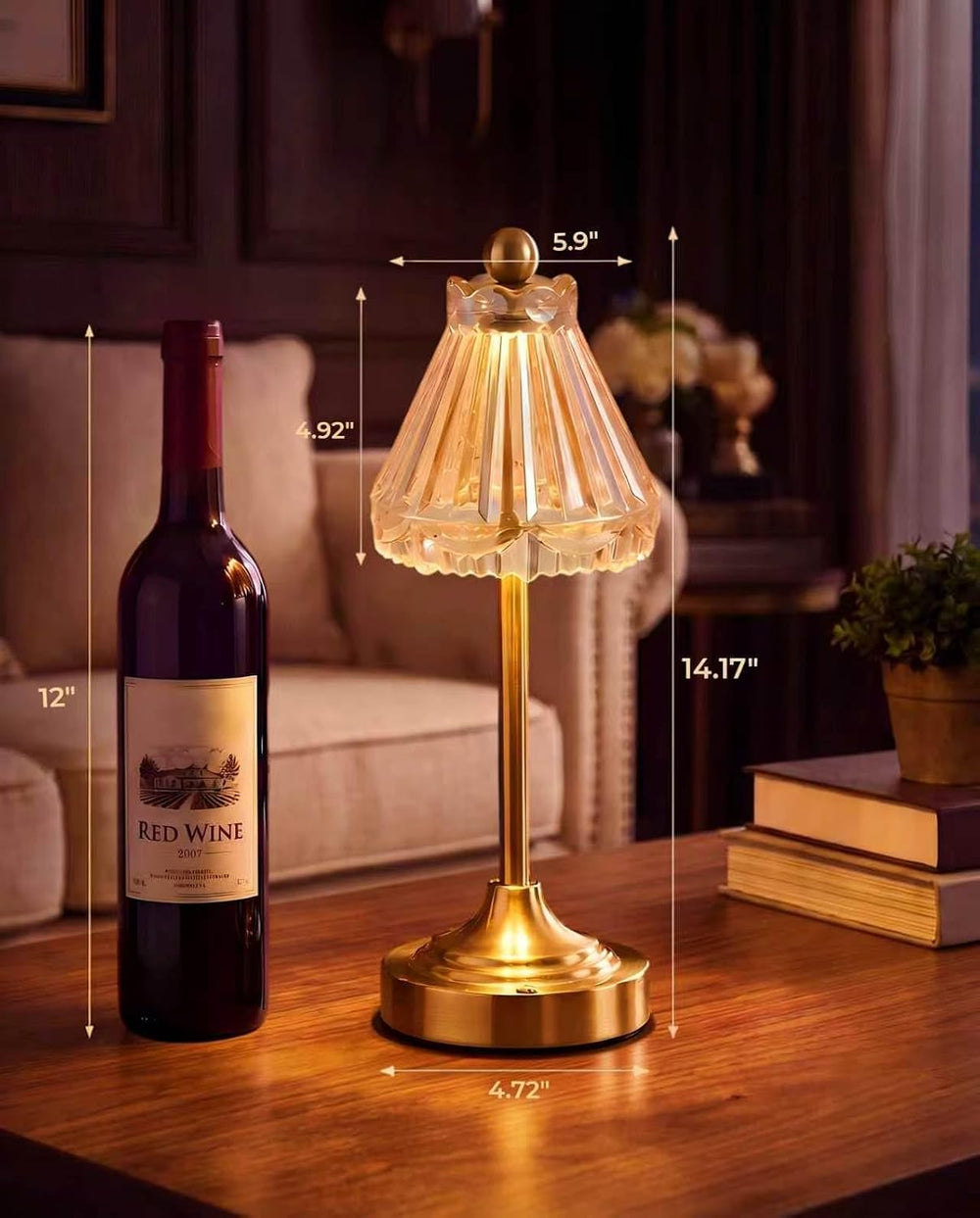 Cordless Small Table Lamp, 5200mAh Rechargeable Glass Lamp