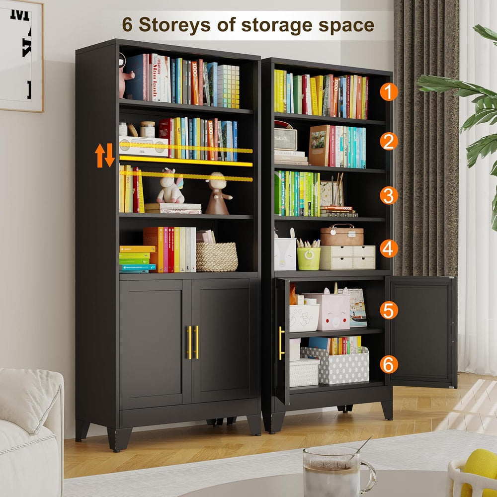 erosoei 71" H Tall Metal Bookcases and Bookshelves with 2 Doors and Adju...