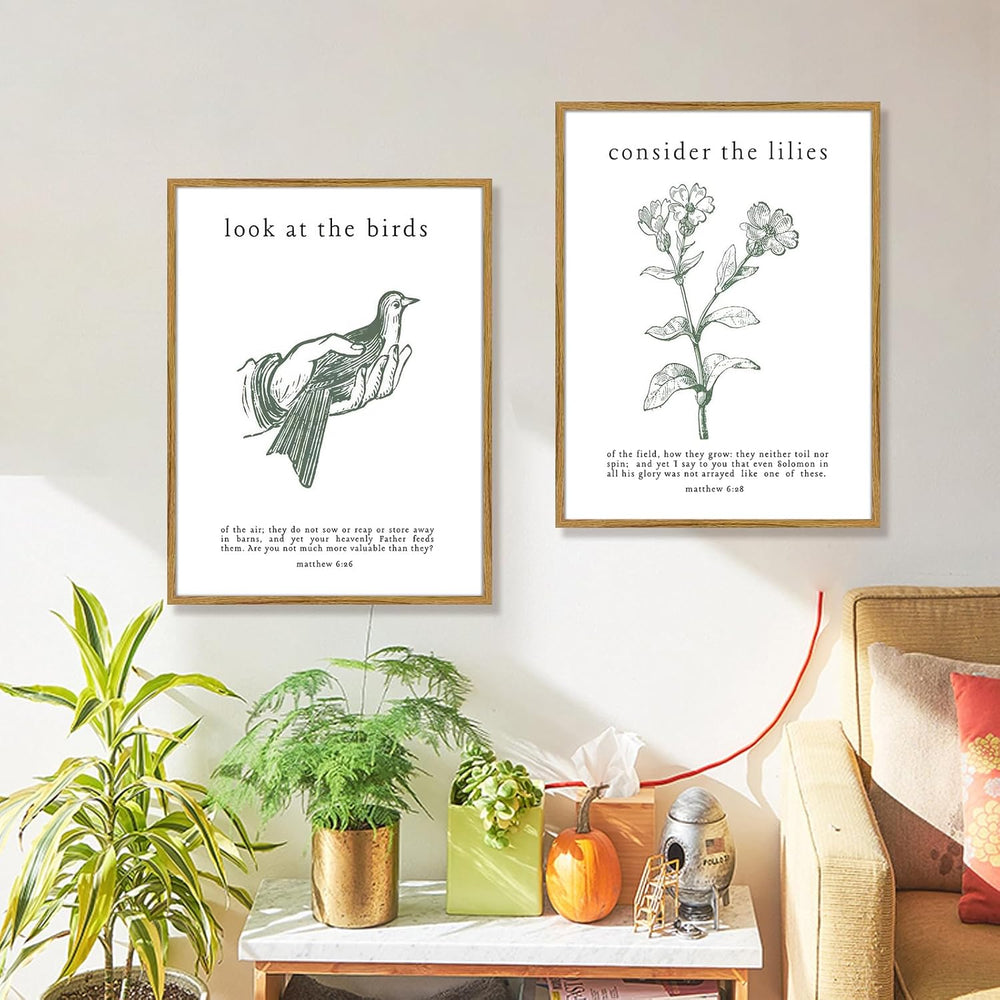 Framed Christian Wall Art Set – Matthew 6:26 “Look at the Birds” & “Consi...