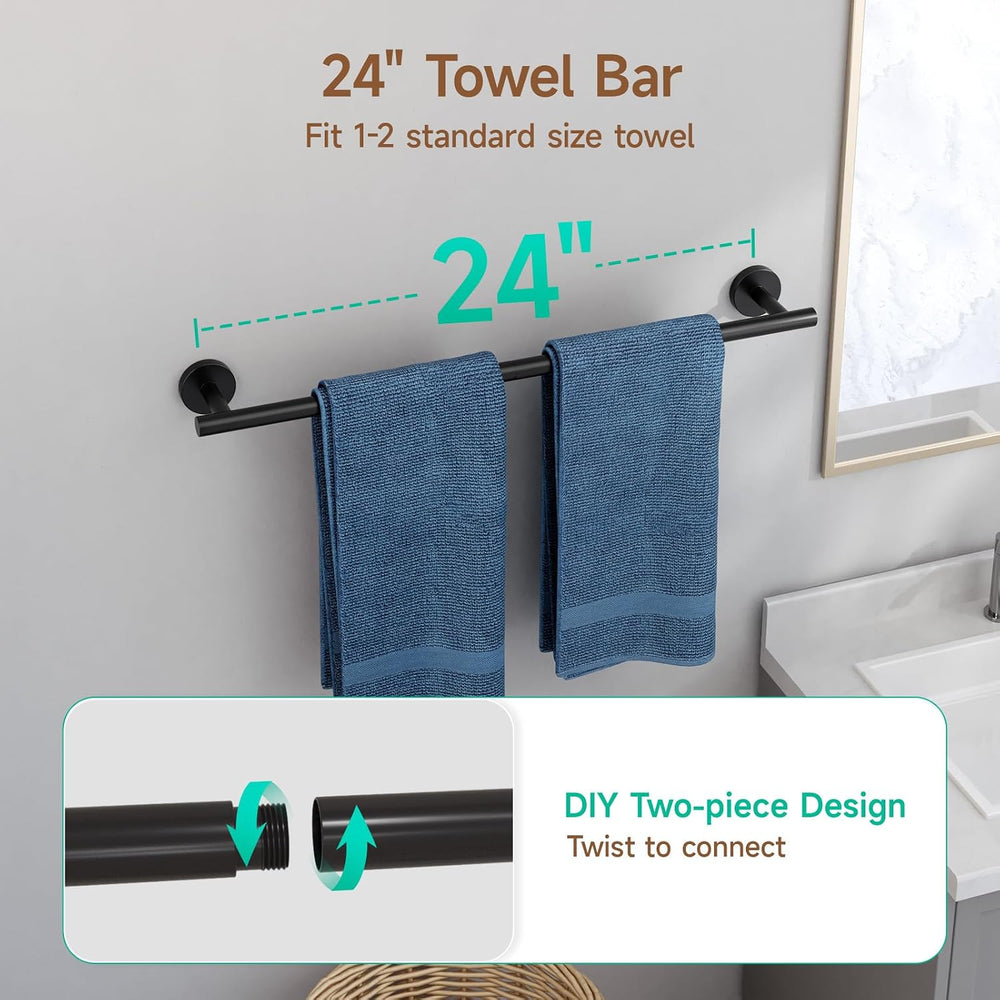 USHOWER 8PCS Matte Black Bathroom Hardware Set, 24-Inch Towel Bar Set