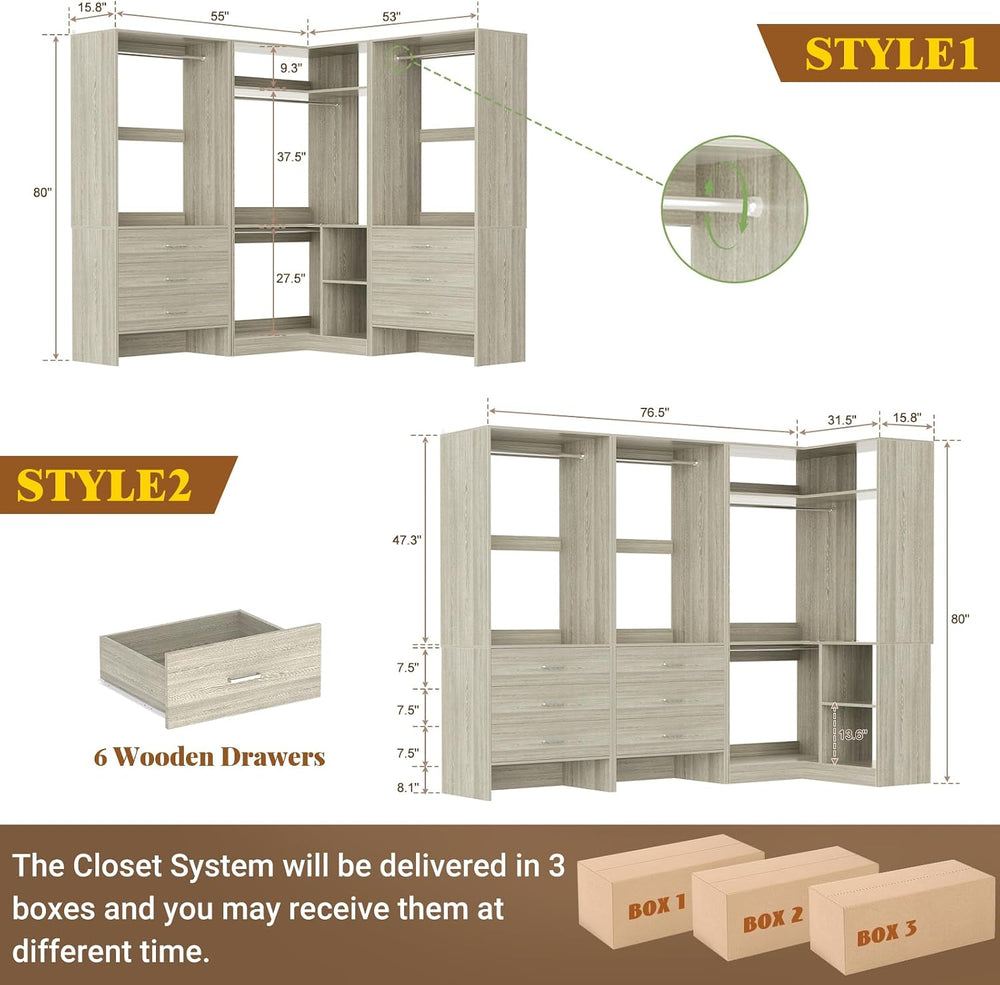 Aheaplus Closet System with 6 Drawers, 4 Hanging Rods & Corner Tower, Cor...