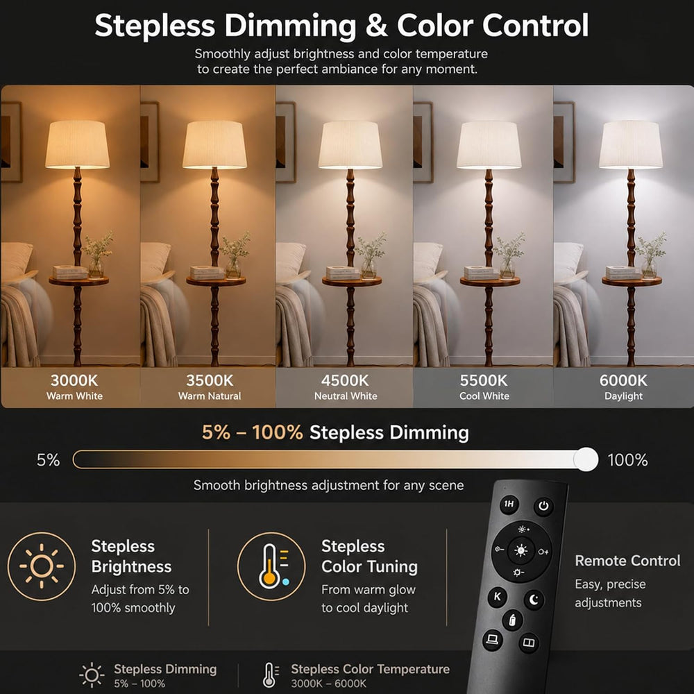 Real Wood Floor Lamp with Built-in Tray, Remote Control, Adjustable Brightnes...