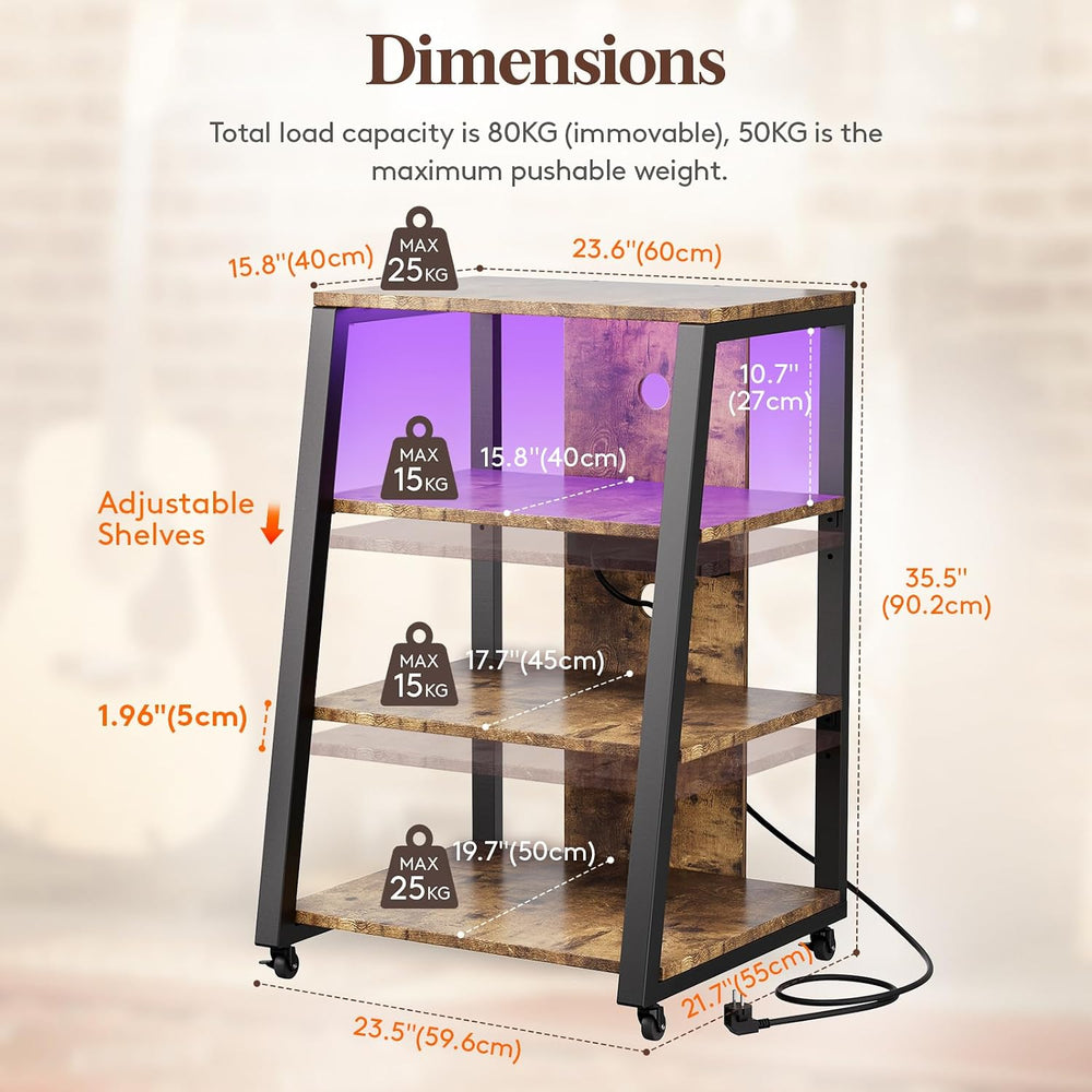 Lifewit 4 Tier Media Stand with Power & LED, Stereo Cabinet, Rustic Brown