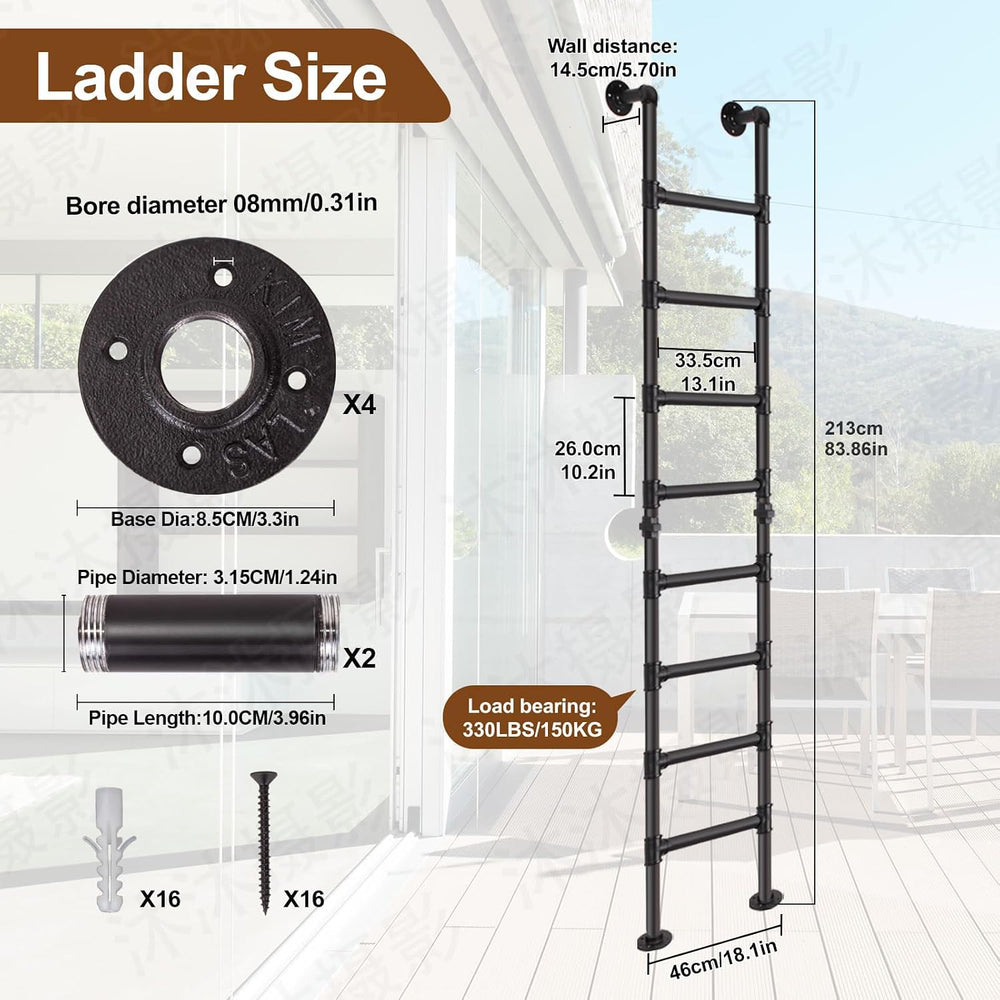 7FT/213cm Metal Ladder for Loft Attic, 7-Rung Wall Floor Mounted