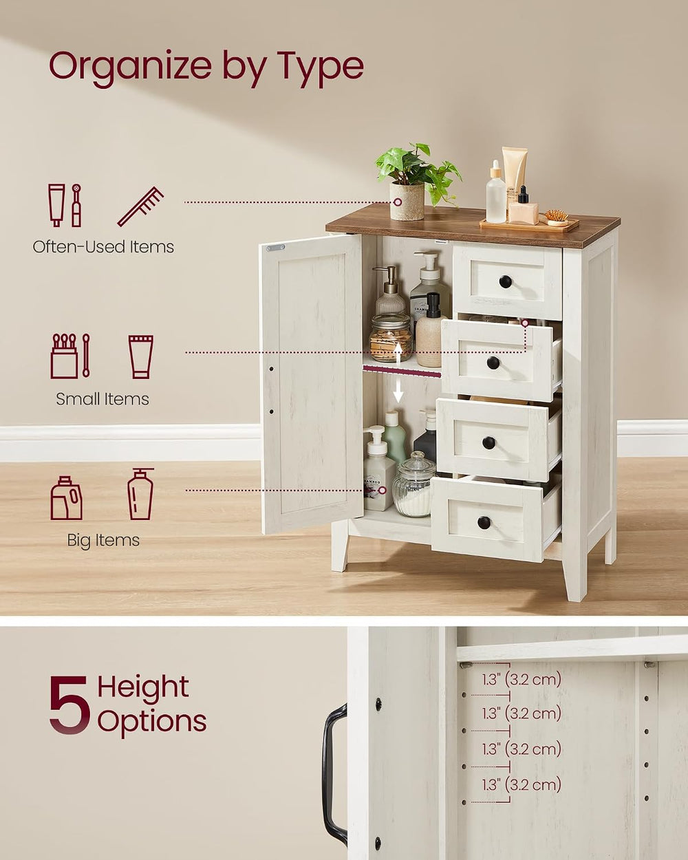 VASAGLE Farmhouse Storage Cabinet with Door, 4 Drawers, Adjustable Shelves