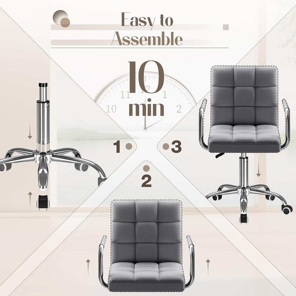 Furmax Small Office Chair with Wheels,Vanity PU Leather Desk Chair Modern Adjustable Home Desk Retro Comfortable Work Chair 360 Degree Swivel with Arms (Grey)