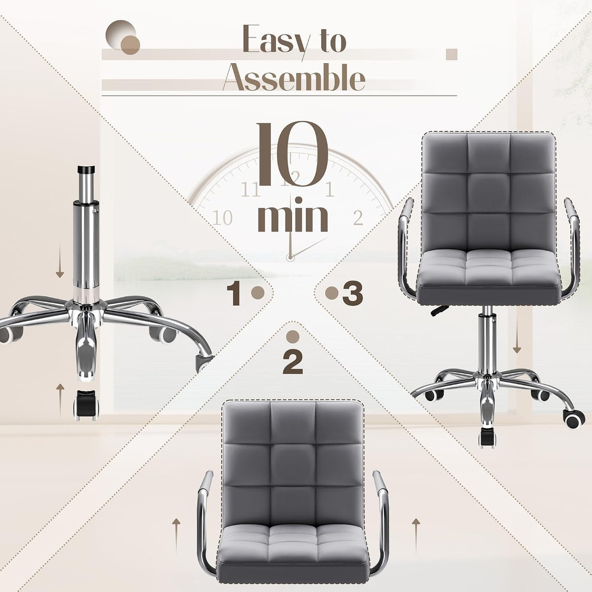 Furmax Small Office Chair with Wheels,Vanity PU Leather Desk Chair Modern Adjustable Home Desk Retro Comfortable Work Chair 360 Degree Swivel with Arms (Grey)