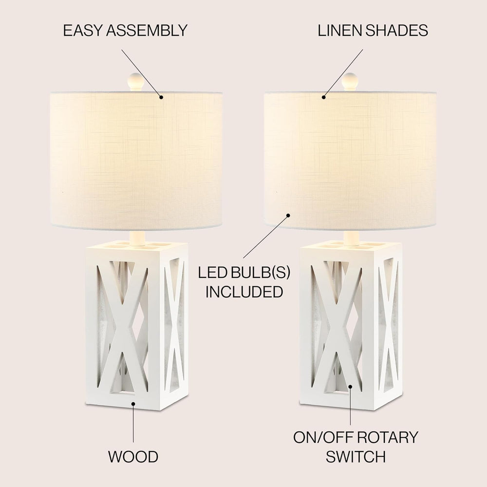 JONATHAN Y Stewart Rustic Wood Bedside Table Lamp 21.5", White, Set of 2