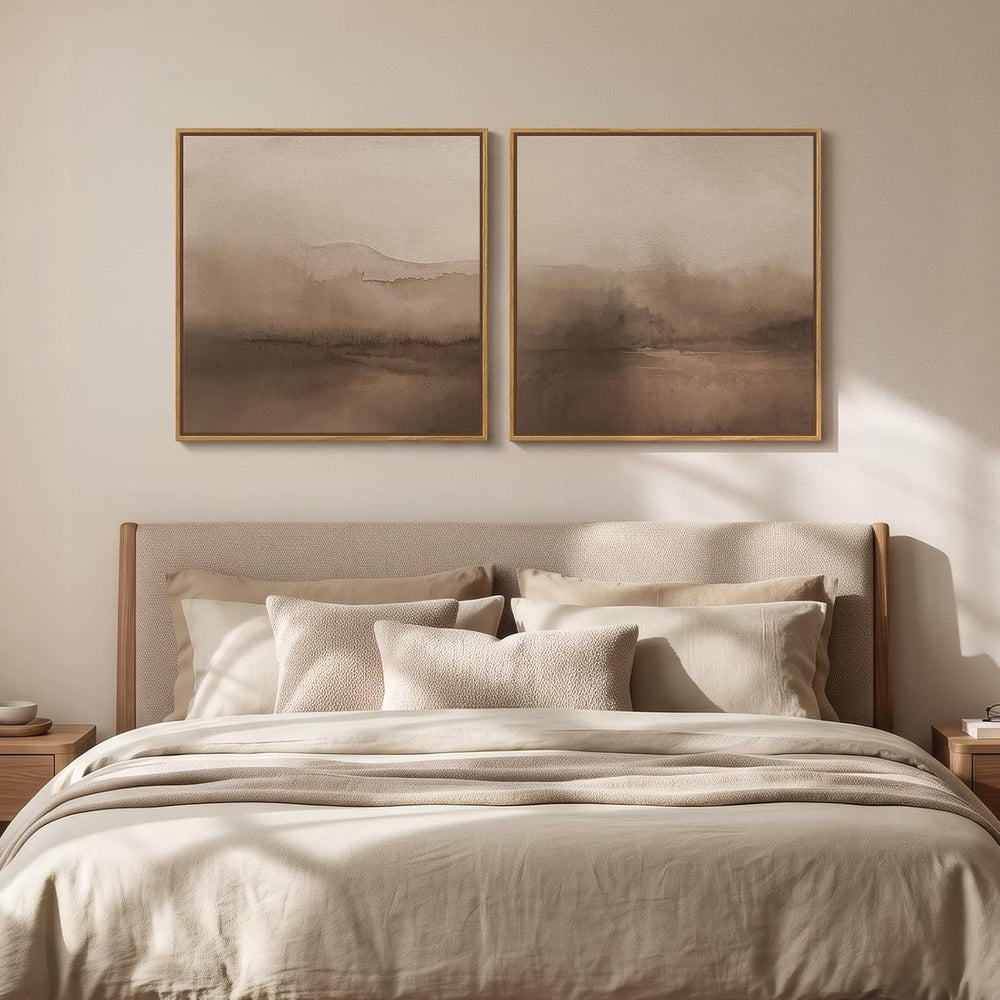 Framed Brown Abstract Landscape Wall Art Set of 2, Neutral Canvas Prints