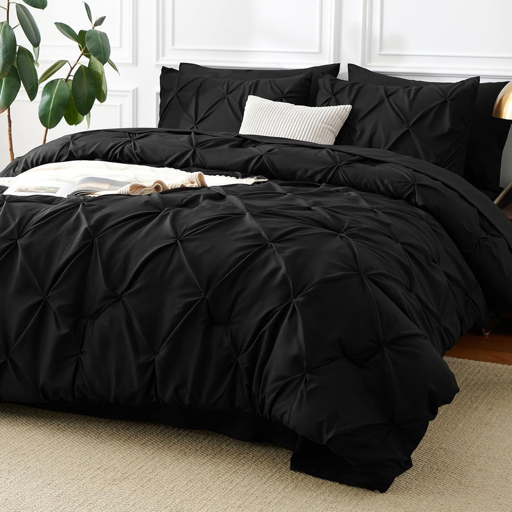 CozyLux King Size Comforter Set Black, 7 Pieces Pintuck Bed in a Bag