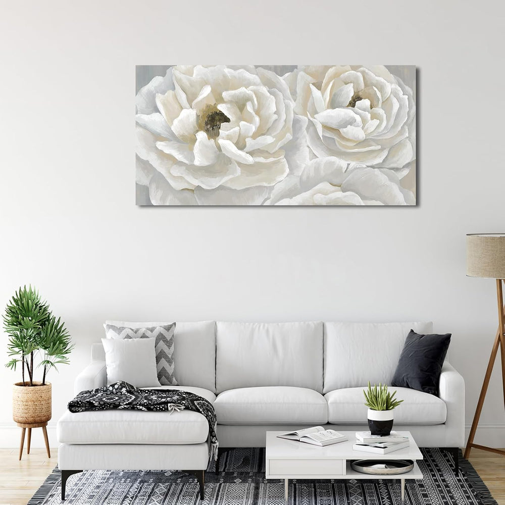 Cream White Flower Wall Art Elegant Botanical Painting Prints, 24"x48"