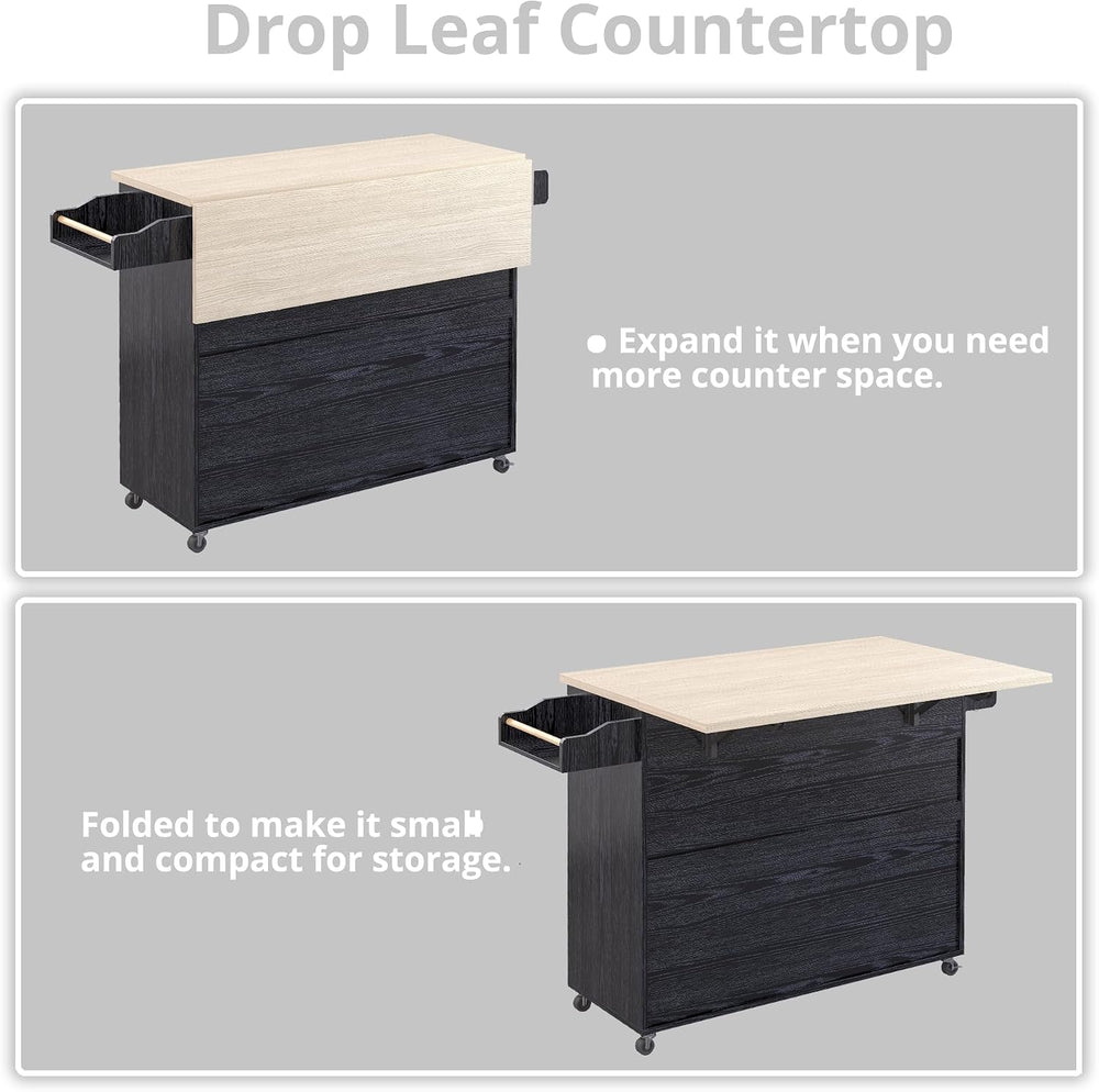 IRONCK Rolling Kitchen Island Cart with Drop-Leaf and Wine Rack, Black