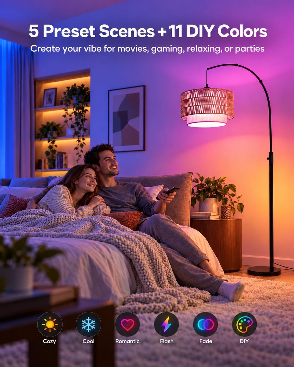 Boho Rattan Arc Floor Lamp, 71" RGB Color Changing, 3-in-1 Shade